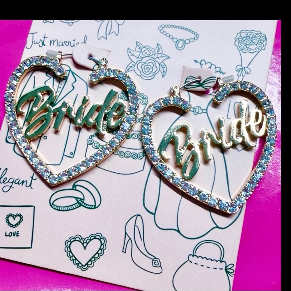 Bride Heart Hoop Earrings Rhinestone Gold Tone Wedding Bridal Party Jewelry